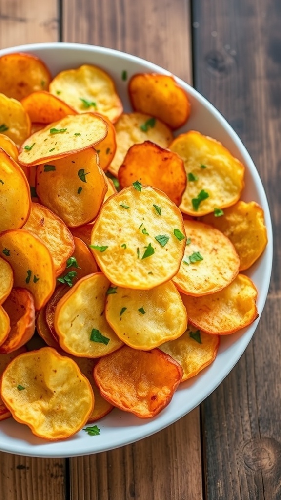 A close-up of crispy oven-baked potato chips garnished with herbs on a rustic wooden table.